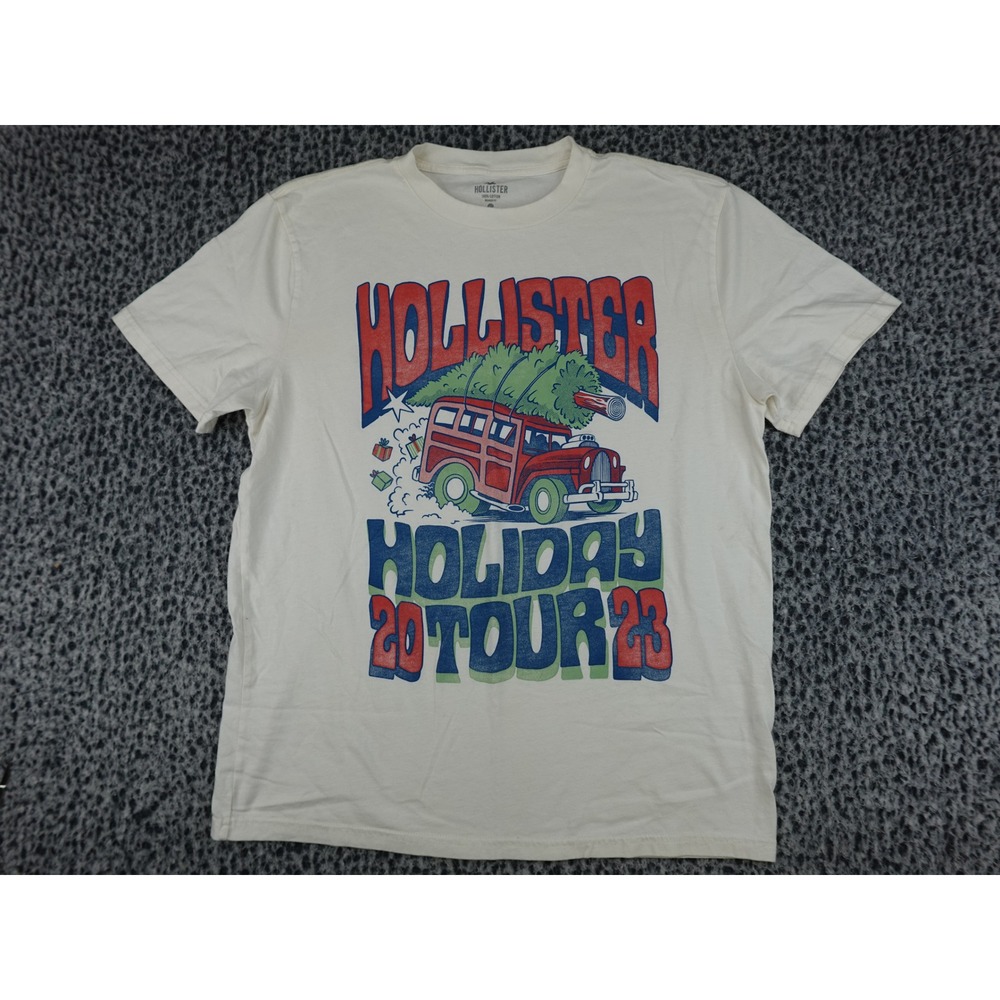 Hollister Graphic T-Shirt Mens Large Cream Holiday Tour 2023 Staff Woodie Wagon